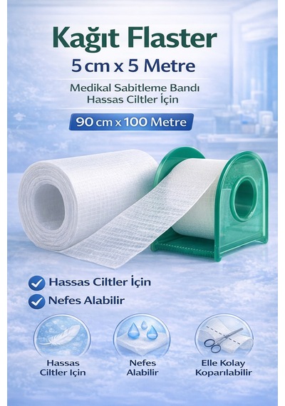 Kağıt Flaster 5 Cm X 5 M Medikal Sabitleme Bandı Hassas Ciltler İçin 1 Adet