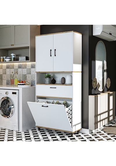 Çamaşır Sepetli Banyo Dolabı, Çok Amaçlı Dolap 90 X 200, Roomart Atlantik Çam - Beyaz Çamaşır Sepetli Banyo Dolabı, Çok Amaçlı Dolap 90 X 200, Roomart Atlantik Çam - Beyaz