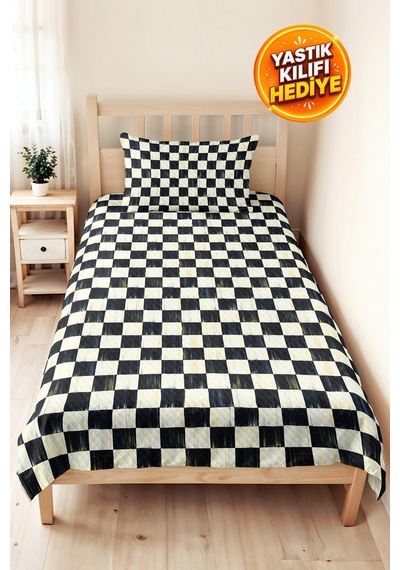 Siyah Geometrik Genç Odası Tek Kişilik Pike Takımı - Modern Kareli 160x220 Cm Kapitone Yatak Örtüsü Kırsal Duman Kırığı