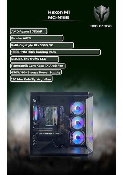Mod Gaming Hexon MG-N16B R5-7500F 16 GB 512 GB SSD 8 GB RTX5060 W11P Masaüstü Oyuncu Bilgisayarı