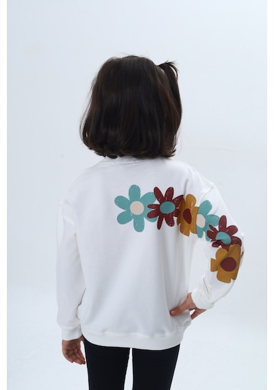 Toontoy Kız Çocuk Arka Kol Baskılı Çiçekli Sweatshirt Ekru