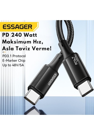 Essager E-marker Çip 2mt Pd3.1 240w Type C Şarj Kablosu 480mbps Şarj Akım Koruma Kopmaz Kablo 48v/5a Desen - Ben10