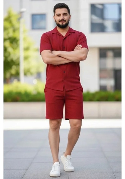 Valensdesign Erkek Waffle Kumaş Kısa Kollu Gömlek Şort Takım Regular Fit Yazlık İkili Set - Bordo