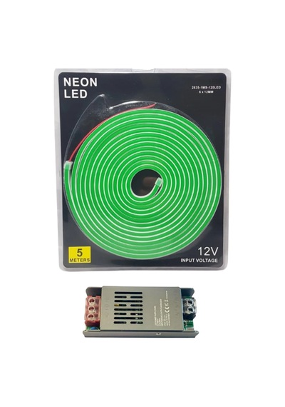 Powerr Led Aydınlatma 5 Metre 12 Volt 6x12 Mm Esnek Yeşil Neon Led 5a Slim Trafo Set