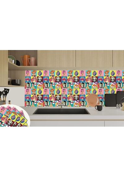 Tink Kendinden Yapışkanlı Karma Popart Desenli Pvc Karo 30x30 Cm
