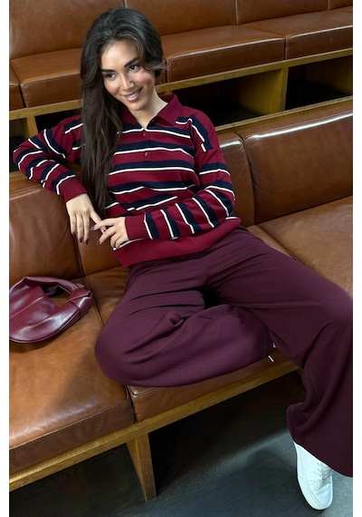Madmext Bordo Çizgili Polo Yaka Düğmeli Kadın Kazak Mg2561 Bordo