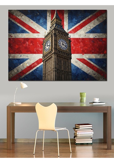 İngiliz Bayrağı Ve Big Ben Dekoratif Kanvas - Mdf Ahşap Tablo