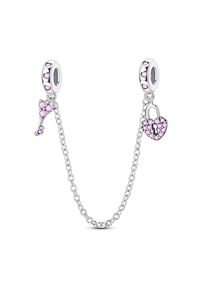 Pembe Taşlı Anahtar Ve Kilit Zincir Sallantılı Charm Gümüş