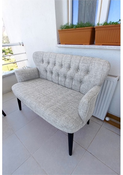 Azra Mobilya Ikili Balkon Koltugu - Kanepe - Keten Kumaş - Buyuk Berjer - Krem Krem
