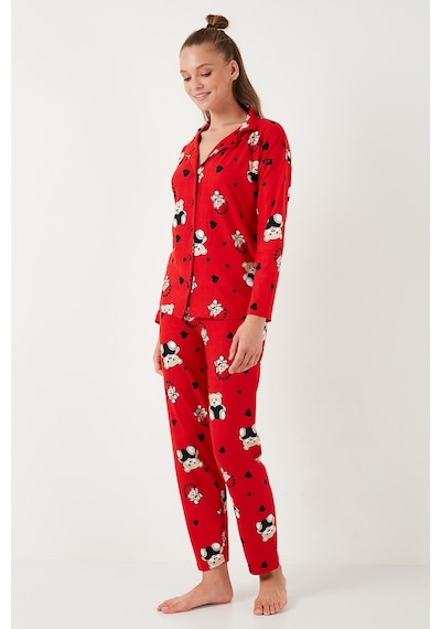 Lela Streç Standart Fit Desenli Bayan Pijama Takımı 60956602 Kırmızı