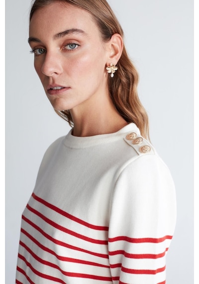 Styleboom X Peraluna Audrey Pullover Omzu Düğmeli Çizgili Organik Pamuk Mevsimlik Kadın Triko Kazak Ekru/kırmızı-ekru Ekru
