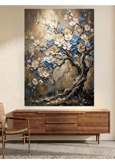 Mavi Beyaz Çiçekli Bonsai Ağacı Tablo Dekoratif Kanvas - Mdf Ahşap Tablo Çok Renkli