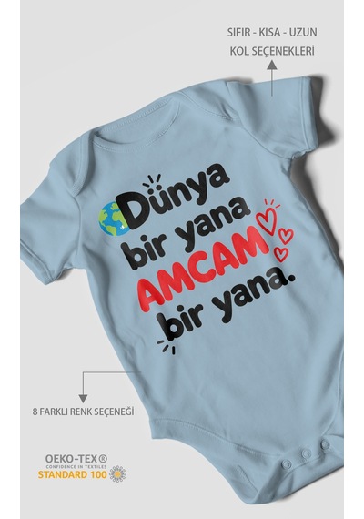 Morivokids Dünya Bir Yana, Amcam Bir Yana Kısa Kollu Bebek Body %100 Pamuk Bebe Mavisi