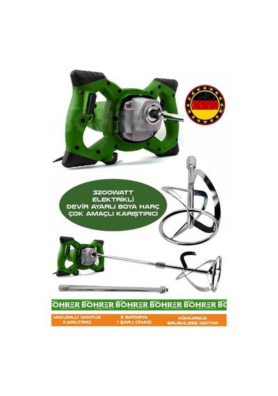 Böhrer Alman HB0405T 3200W Devir Ayarlı Çift Şanzıman Yeni Nesil Elektrikli Boya Harç Çok Amaçlı Yeşil Karıştırıcı