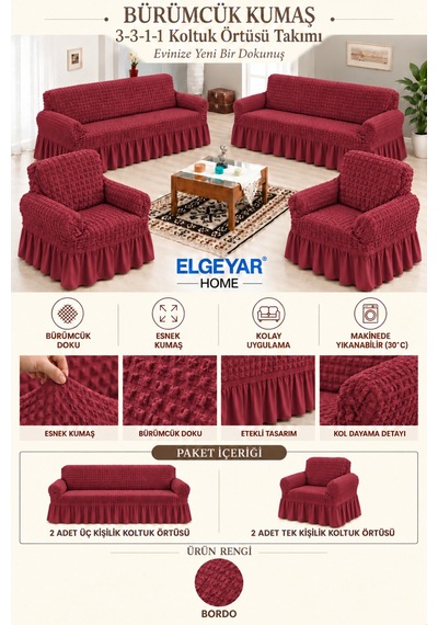 Bürümcük Koltuk, Kanepe, Çekyat Örtüsü, Koltuk Kılıfı 3 3 1 1 Bordu - 169471297 Bordu