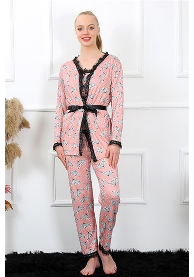İbrahim Burak Etiler Collection Moda Çizgi Kadın 3'lü Somon Sabahlık Pijama Takım 16103