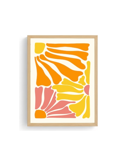 Doğal Ahşap Çerçeveli Abstract Retro Tablo - Canlı Turuncu Sarı Soyut Desen Huhu2652