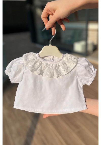 Fisto Yaka Pamuklu Kız Çocuk Bebek Beyaz Bluz Kısa Kol Üst 001