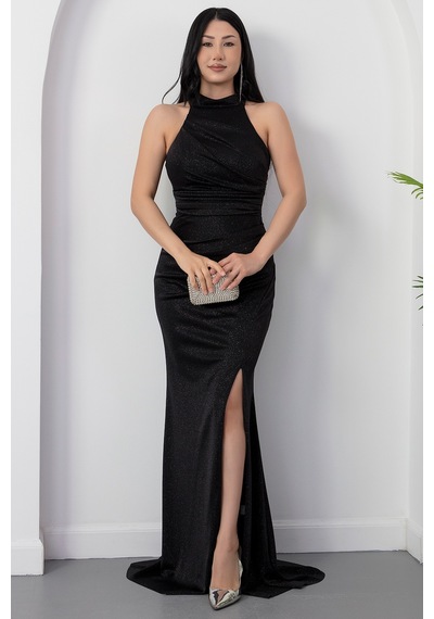 Kalopya Halter Yaka Yırtmaçlı Simli Elbise Drp0013 Siyah