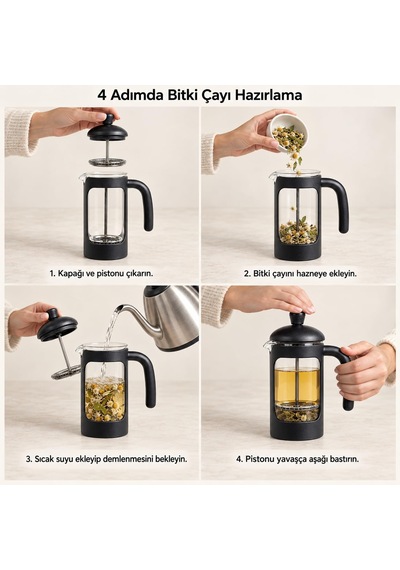 Borosilikat Cam French Press 350 Ml, Siyah Çerçeveli Kavisli Saplı Pistonlu Demlik, Kahve Ve Bitki Çayı Demleme Apa Diğer
