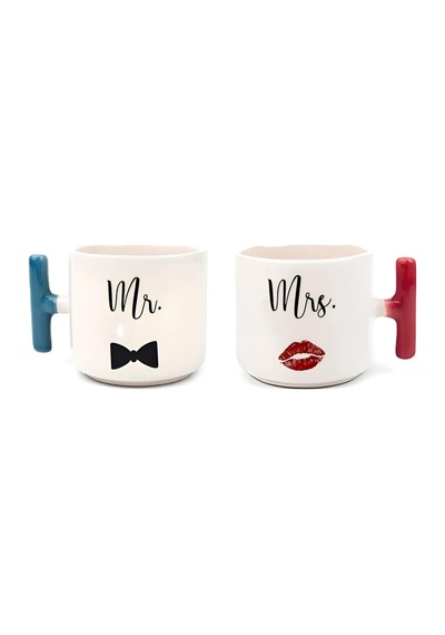 Renkli T Kulp Mr Ve Mrs Tasarımlı Latte Fincan Modelleri Beyaz