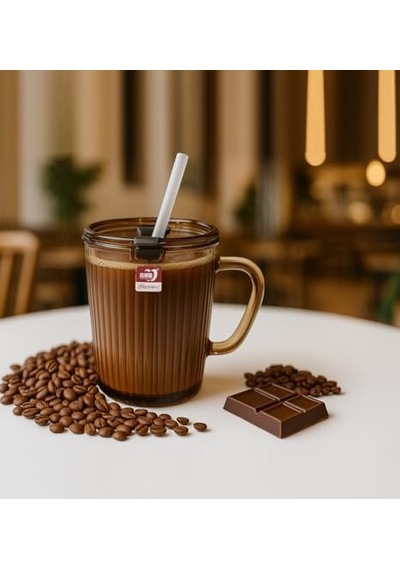 Kapaklı Pipetli Cam Kupa Bardak Çay Kahve Meşrubat Tatlı Bardağı Kahverengi 370 Ml Aeropress