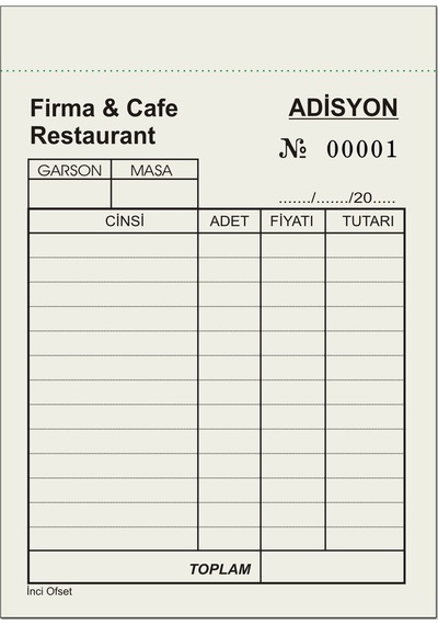 Adisyon Sipariş Fişi Firma Ya Özel Baskı A6 Tek Nüsha 100 Cilt