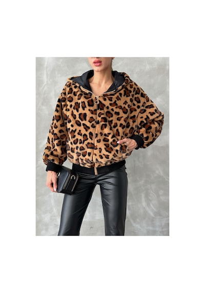 Verymoda Leopar Baskılı Peluş Mont F1650 Camel Leopar