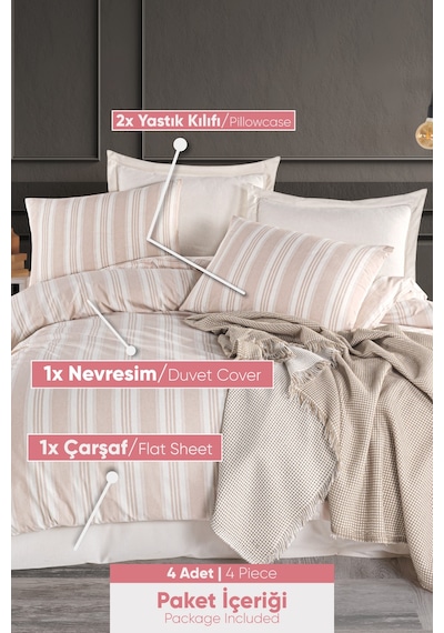 Eponj Home Sport Çizgili Nevresim Takımı Çift Kişilik Soft Line Bej Bej
