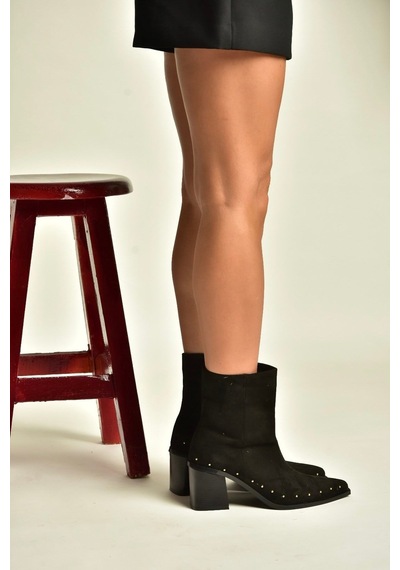 Fox Shoes Z308400102 Siyah Süet Kalın Topuklu Pimli Kadın Bot