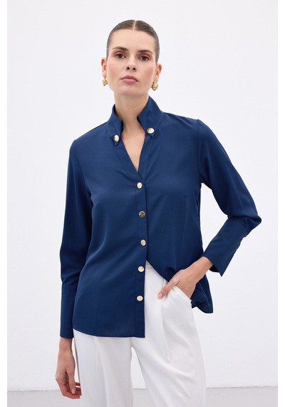 Sateen Çıt Çıt Detaylı Gömlek - İndigo-136557 İndigo
