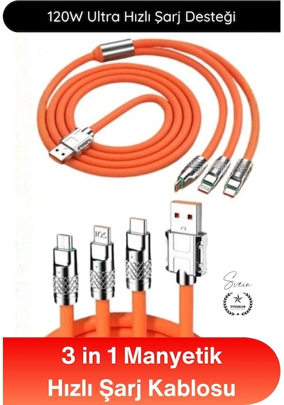 Şarjkablosu 3in1 Manyetik Hızlı Şarj Kablosu 120w Type C Lightning Micro Usb Çinko Alaşımlı 1.2 Met
