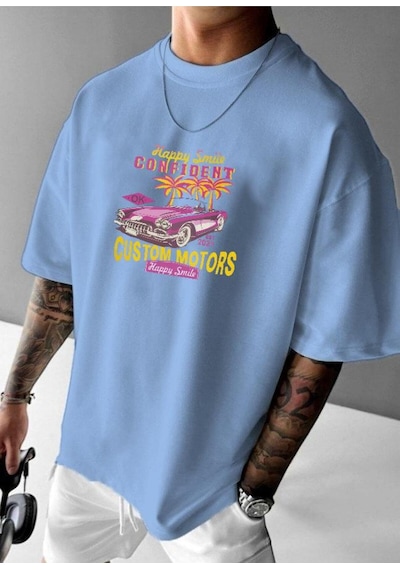 Custom Motor Baskılı Oversize Tişört Bebe Mavisi