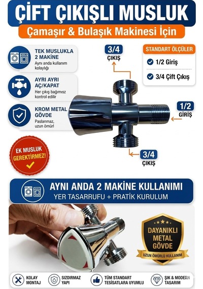 Çift Su Girişli Çamaşır Ve Bulaşık Makine Musluğu Taharet Musluğu Taksimat Musluk