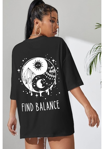 Unisex Yin & Yang Baskılı T-shirt Siyah