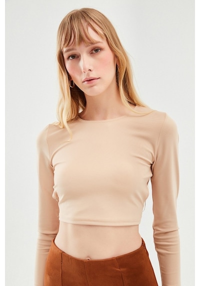 Quzu Cut Out Zincirli Crop Bluz Bej