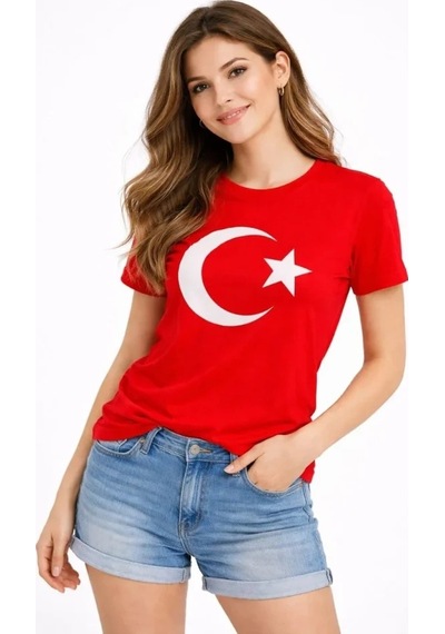 Valensdesign T-shirt Kısa Kol Bisiklet Yaka Ay Yıldız Bayrak Baskılı Tişört - Kırmızı