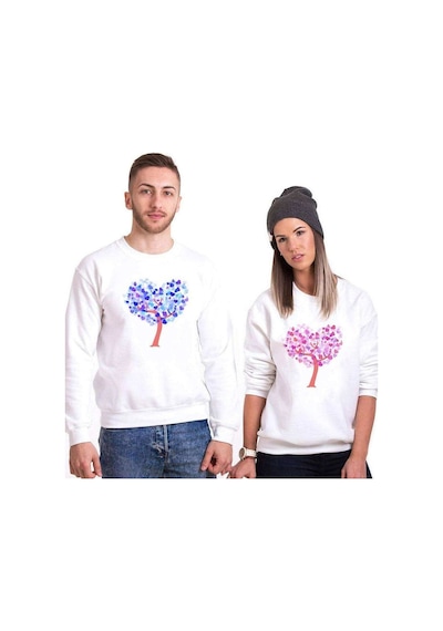 Tshirthane Sevgi Ağacı Sevgili Kombinleri Unisex Sweatshirt Kırık Beyaz