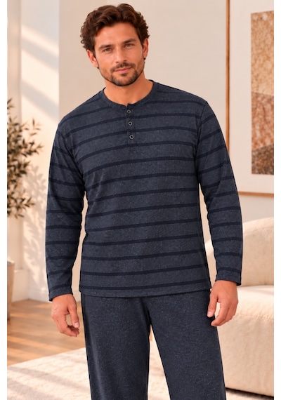 Nisanca Büyük Beden Premium Soft Erkek Pijama Takımı Yumuşacık Dokulu Uzun Kollu Düğmeli Yaka Çizgili Kışlık Pijama Lacivert