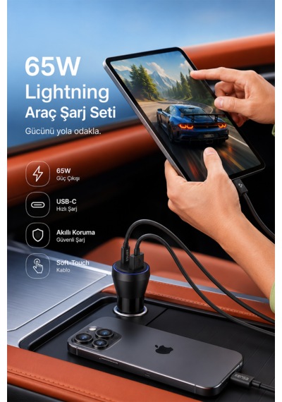 Kensa 65w Çift Portlu Hızlı Araç Şarj Aleti + Type-c To Lightning Şarj Kablosu Seti 65w Araç Şarj