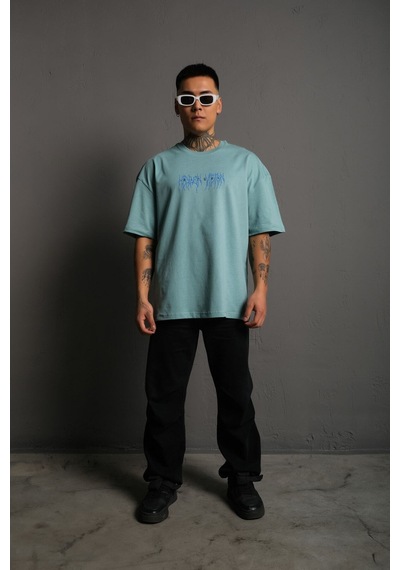 Noıssey Kod:ızeı - Unisex Oversize Rıtual Mavi Yıldırım Baskılı Pamuklu T-shirt P--1008 Yeşil