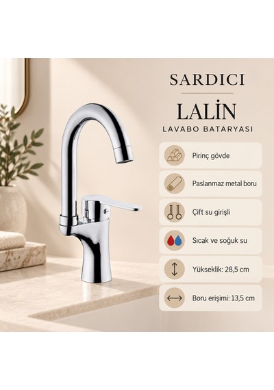 Sardıcı Lalin Lavabo Bataryası Krom Pirinç Gövde Çift Su Girişli Tam Takım
