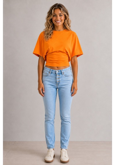 Overmax Bele Oturan Oversize Kollu Premium Crop Bluz Turuncu - 880759104 Turuncu