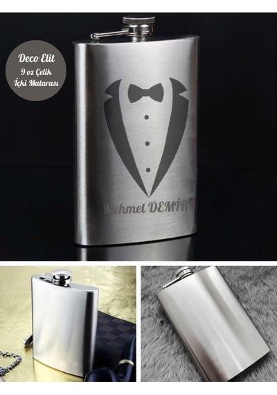 Kişiye Özel Smokin Damat Temalı 9 Oz Çelik Cep Matarası 266 Ml Sevgiliye Hediye Gümüş