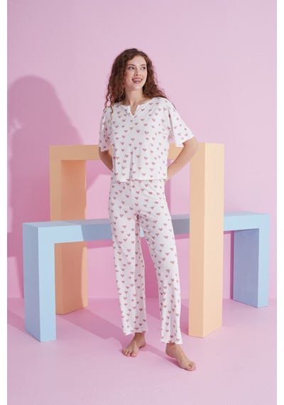 Siyah İnci Likralı Örme Pijama Takım 7803 Beyaz Kalp