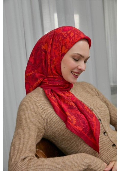 Silk Home Viskon Velora Eşarp Kırmızı Nar Çiçeği Desenli Tok Duruşlu Dört Mevsim 90x90 Çok Renkli