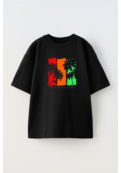 Thewert Unisex Beach Life Tasarım Baskılı Pamuk Sıyah Oversize T-shirt Siyah