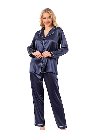 Ahu Biyeli Uzun Kol Saten Önden Düğmeli Pijama Takımı Lacivert 7647 Lacivert