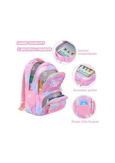 Su Geçirmez Çok Cepli Ortopedik Omuz Destekli Kız Çocuk 3 Lü Okul Çanta Seti Pembe Lila Pembe