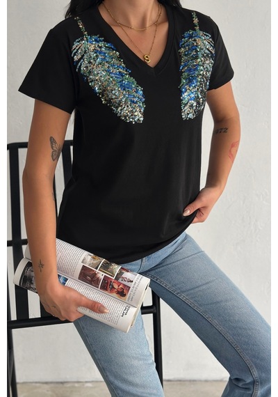 Femelle Kadın Siyah V Yaka Omzu Yaprak Pul Payet İşlemeli %100 Pamuk T-shirt - Fem8